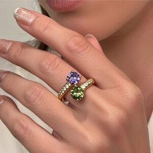 Swarovski Elements Violet & Peridot Crystal Gold Tone Ring, Size 9